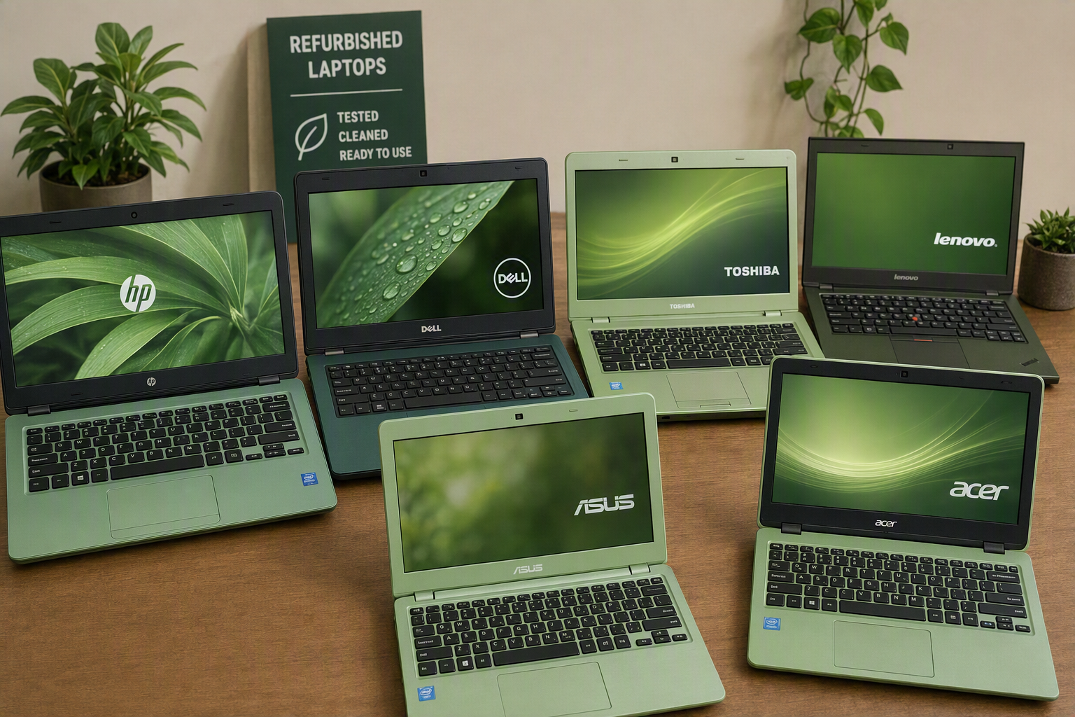 Green laptop2 En række laptops som skal besvare "Køb brugt laptop til windows 11"